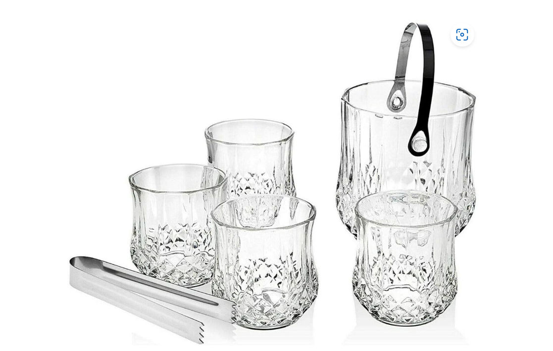 Elegant Glass Ice Bucket With Tong and Set Of 4 Whiskey Glasses