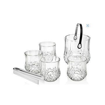 Elegant Glass Ice Bucket With Tong and Set Of 4 Whiskey Glasses