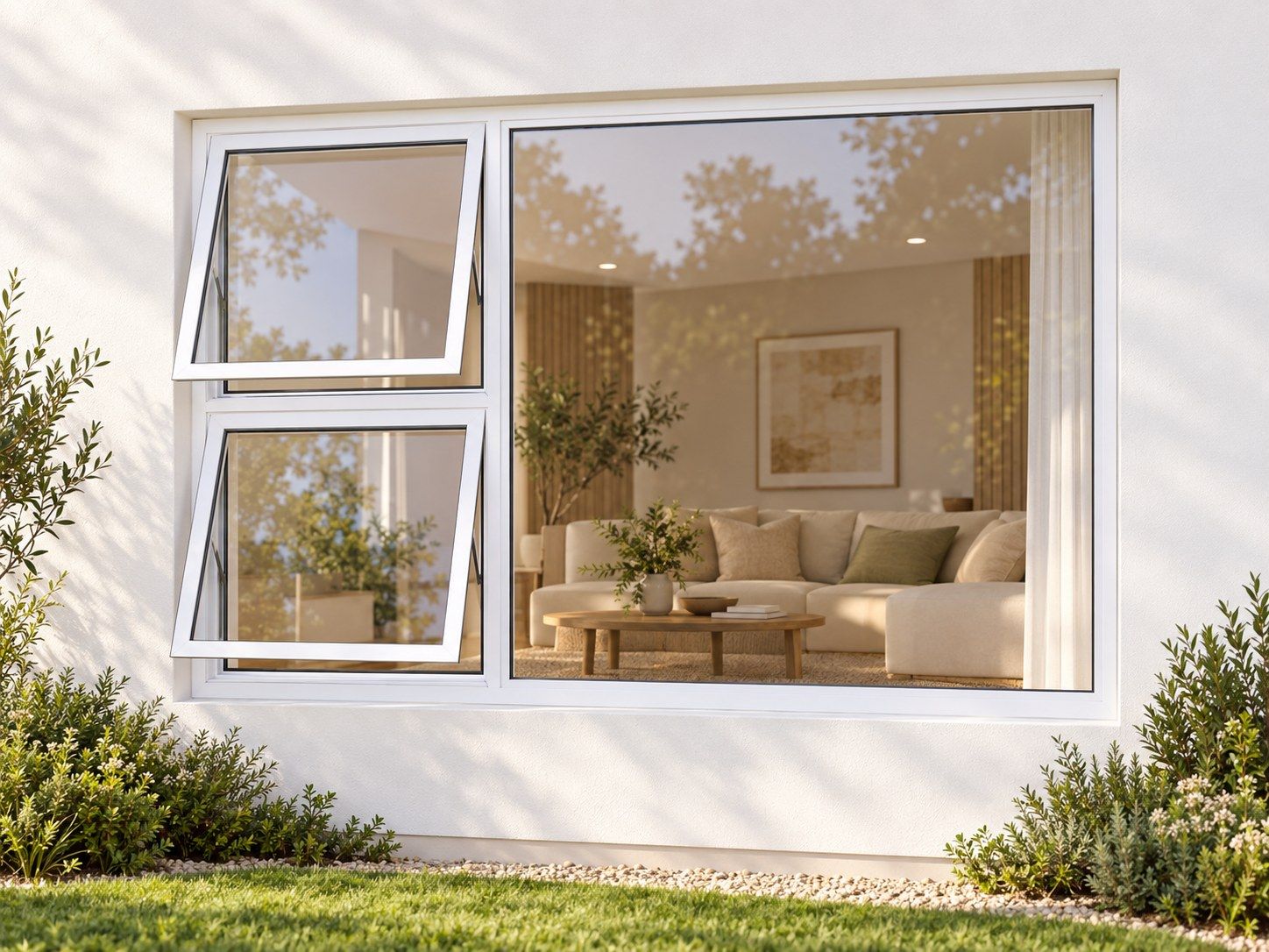 Kenzo Premium Top-Hung Aluminium Window - White, 2400 1200 mm, Left Two Openers with Fixed Side Pane, Clear Glass