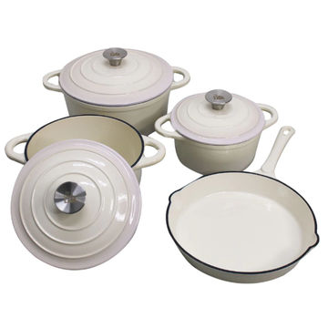 7 Piece Cast Iron Dutch Oven Cookware Pot & Stout Pan Set White