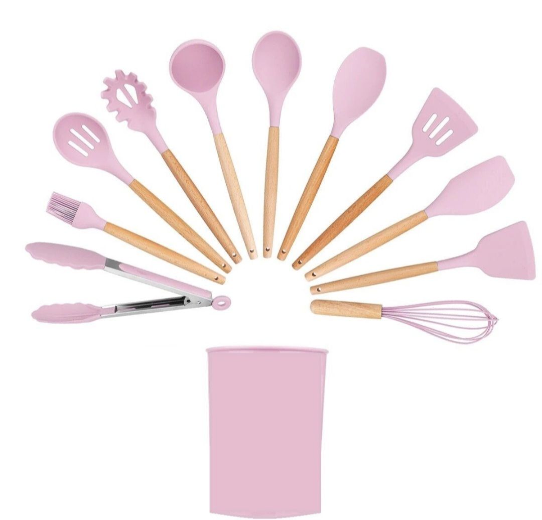 Kitchen Utensils 12 Piece Silicone with Holder - Pink