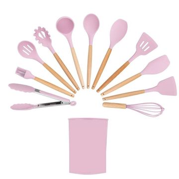 Kitchen Utensils 12 Piece Silicone with Holder - Pink