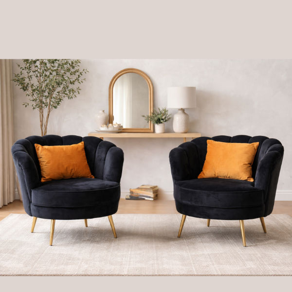 Lucky Furn Set of 2 Modern Black Velvet Shell Back Accent Chairs with Gold Legs