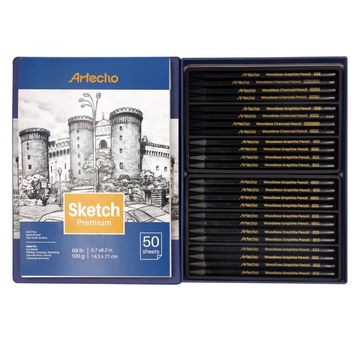 Artecho Premium Black Charcoal 24 Woodless Pencil Set & 50 Page Sketch Pad