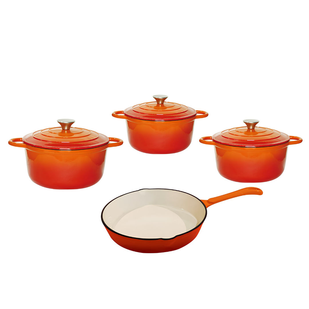 7-Piece Enameled Cast Iron Cookware Set – 3 Round Casserole Dutch Ovens with Lids & Frying Pan (Vibrant Orange)