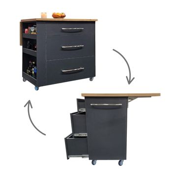 SpaceSave Large Kitchen Island on Wheels with Fold-Out Table & Drawers - Midnight/Kalahari
