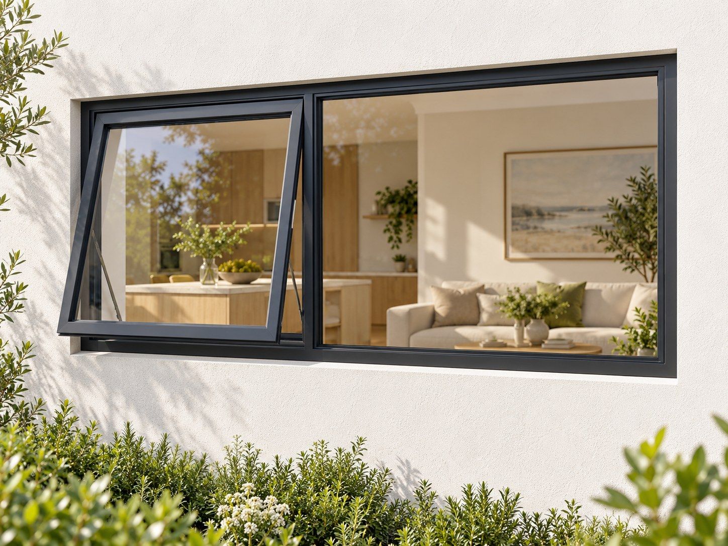 Kenzo Premium Top-Hung Aluminium Window - Charcoal, 1500 600 mm, Left Upper Opener with Fixed Side Pane, Clear Glass