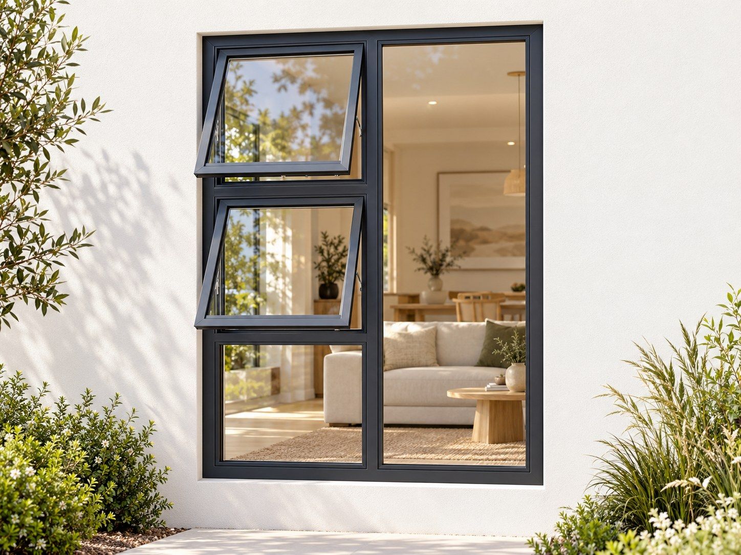 Kenzo Premium Top-Hung Aluminium Window - Charcoal, 1200 1800 mm, Left Two Openers with Fixed Lower and Side Panes, Clear Glass