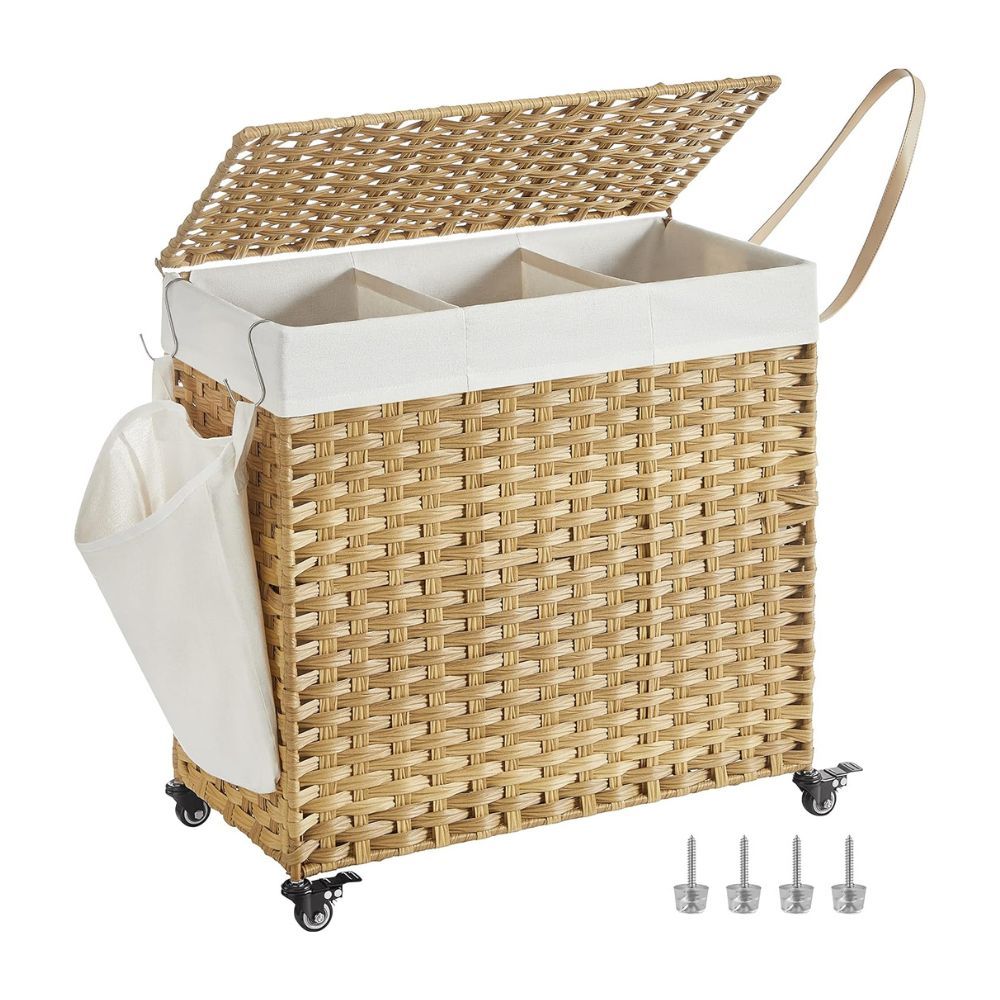 Songmics Rattan Rolling Laundry Basket, 3 Compartments