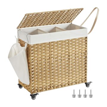 Songmics Rattan Rolling Laundry Basket, 3 Compartments