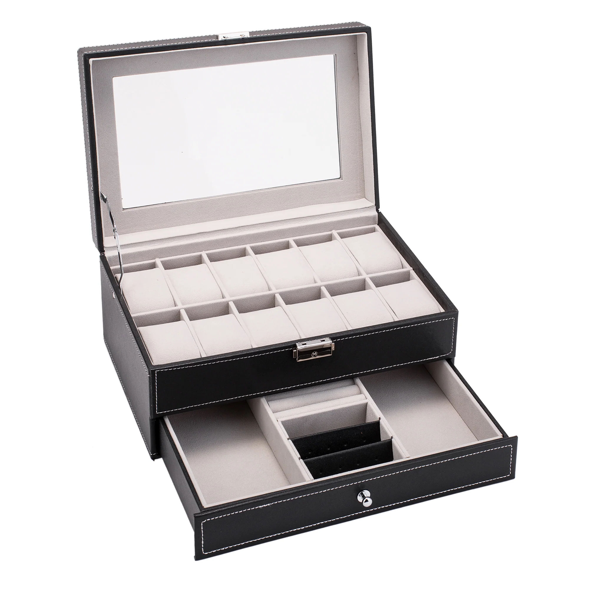 2 Tier PU Leather Watch & Jewelry Storage Box-Black