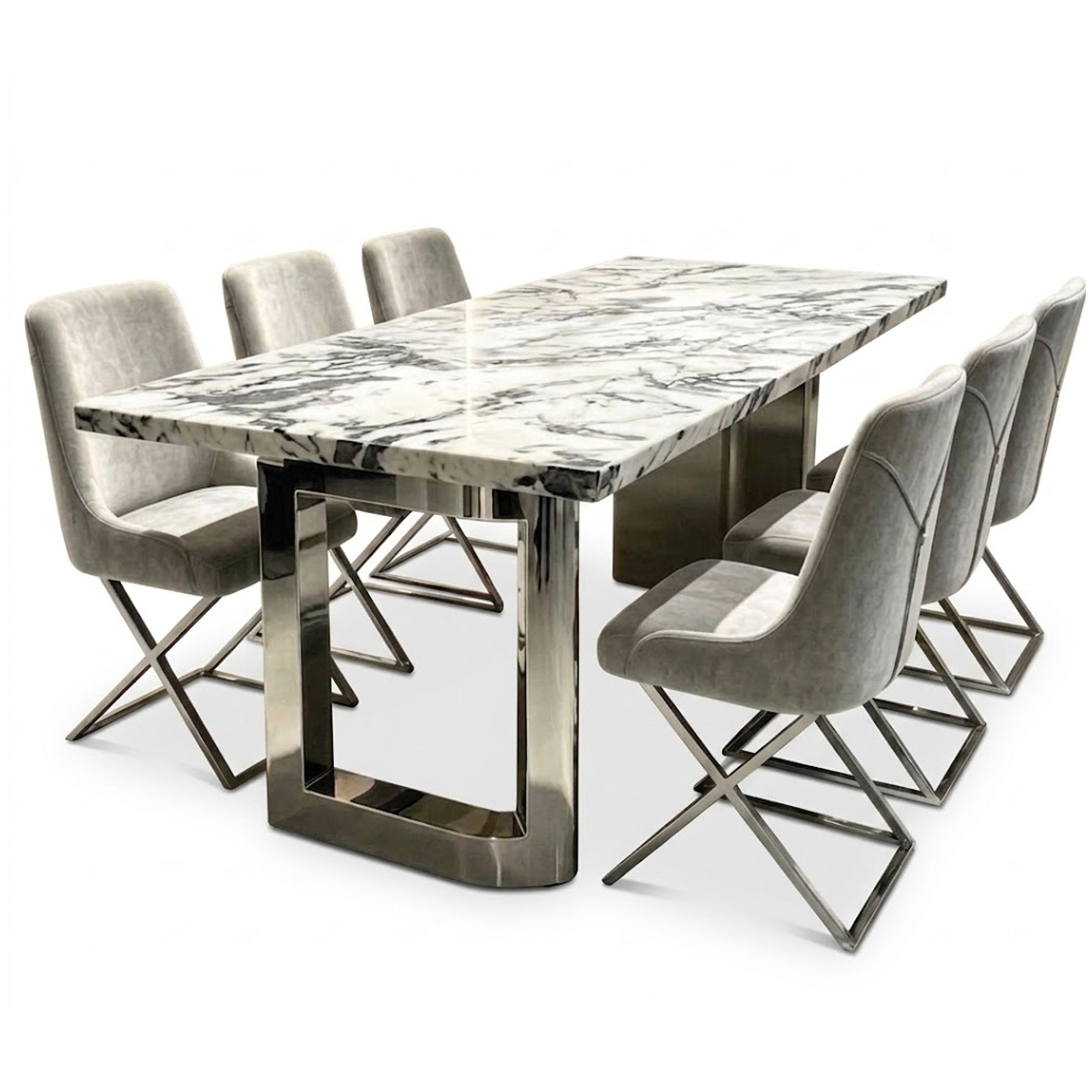 Madiega Furniture - Modern Luxury Marble Dining Set with Chrome Frame Table and Velvet X-Base Chairs