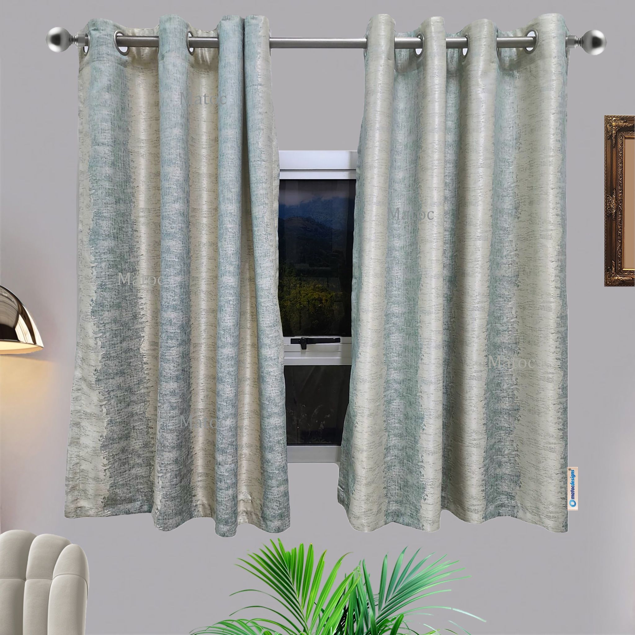 Matoc Designs Shorter Curtain - Abstract Striped Green Gold - Eyelet - 110cm W x 163cm H - Pack of 2