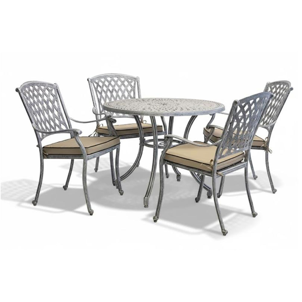 Tuscan Aluminium Dining Set 4-Seater 1000mm Round (Silver, Beige Cushions)