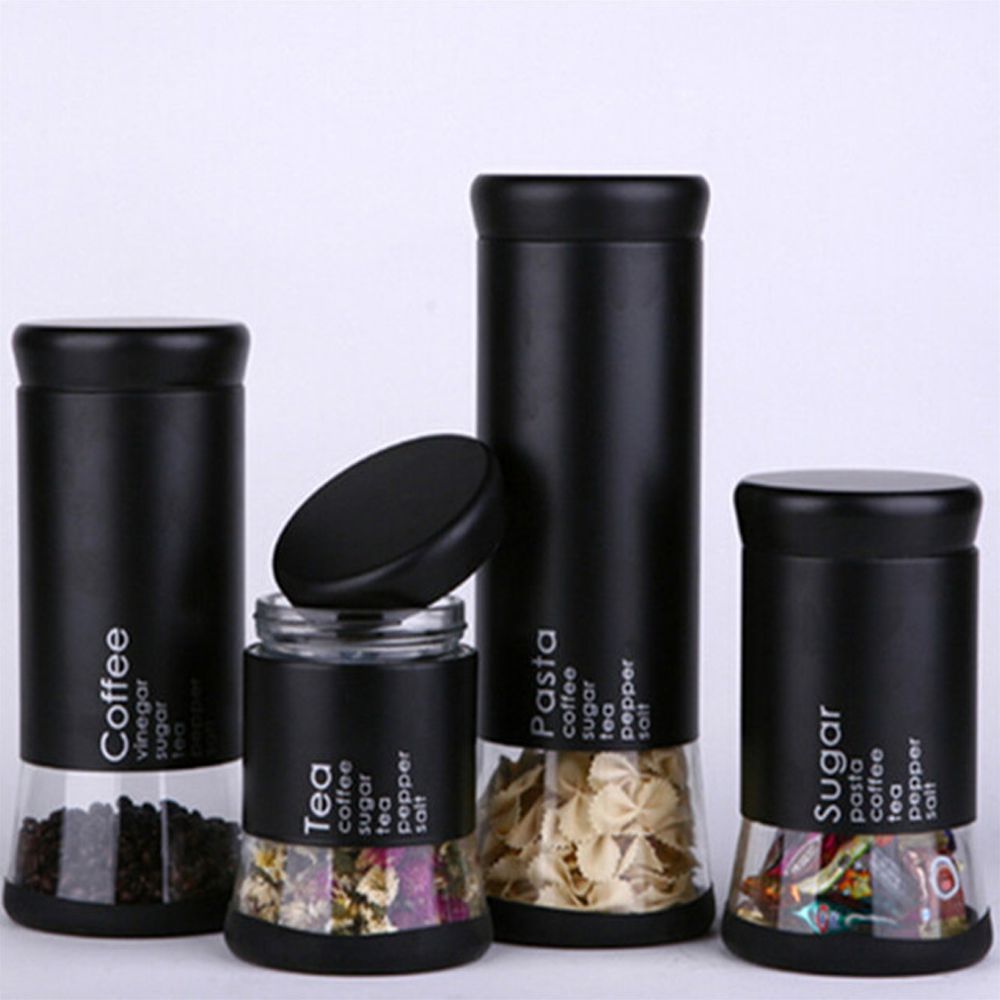 DH - Kitchen Food Storage Airtight Coffee Tea Pasta Sugar Canister Set - Black Transparent