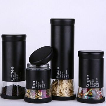 DH - Kitchen Food Storage Airtight Coffee Tea Pasta Sugar Canister Set - Black Transparent