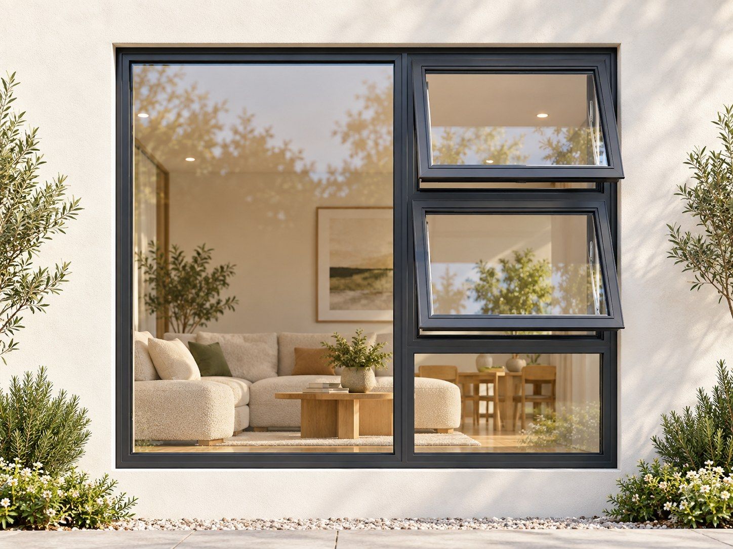 Kenzo Premium Top-Hung Aluminium Window - Charcoal, 1800 1500 mm, Right Two Openers with Fixed Lower and Side Panes, Clear Glass