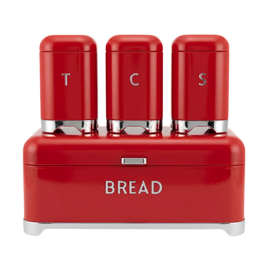 4-Piece Kitchen Countertop Storage Set – Gloss Red Metal Bread Bin & Matching Tea, Coffee, Sugar Canisters with Silver Trim