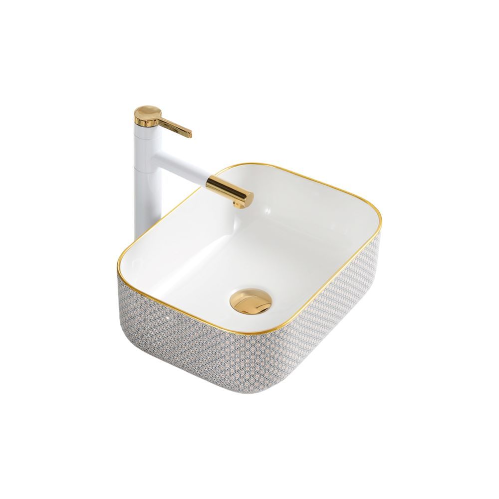 Counter top Ceramic Basin / table top - Alyssa - Gloss White&Gold Square