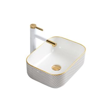Counter top Ceramic Basin / table top - Alyssa - Gloss White&Gold Square