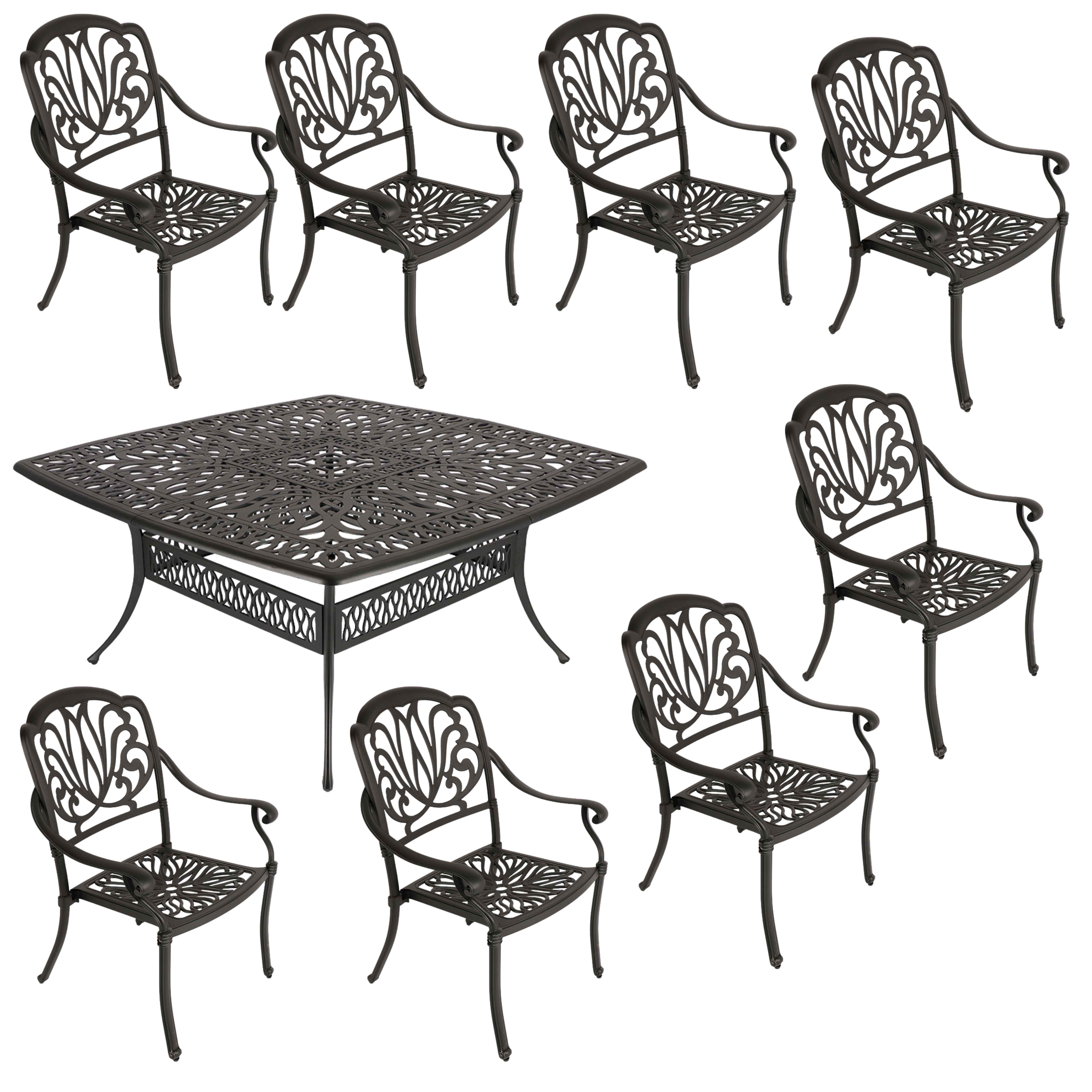 8 Seater - Protea Aluminium Patio Set / Garden Furniture / Outdoor Dining Set     (8 Protea Chairs with 164cm x  164cm Square Elizabeth Table) - BLACK
