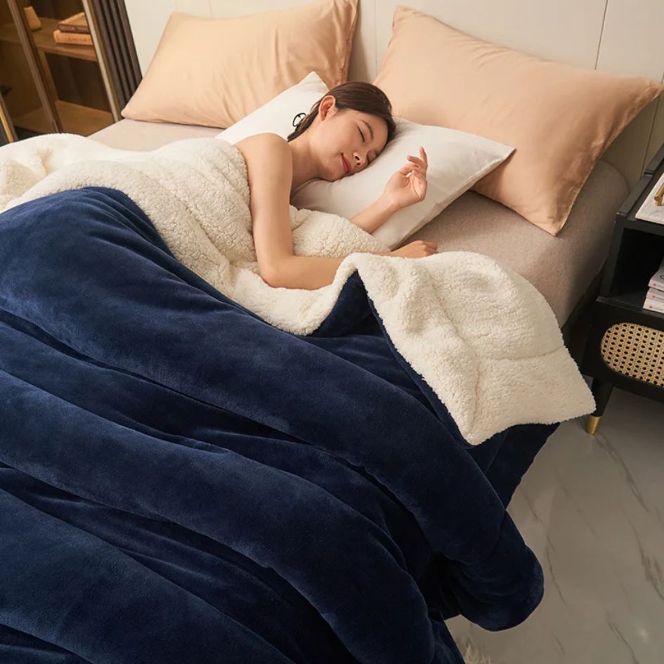 Nu Dekor - Reversible Sherpa Soft Fleece Throw Blanket - Navy  - 180x200cm