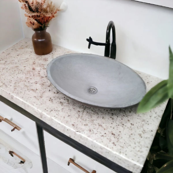 Grey Concrete Oval Basin 50x35x15cm - High Strength, Chip Resistant
