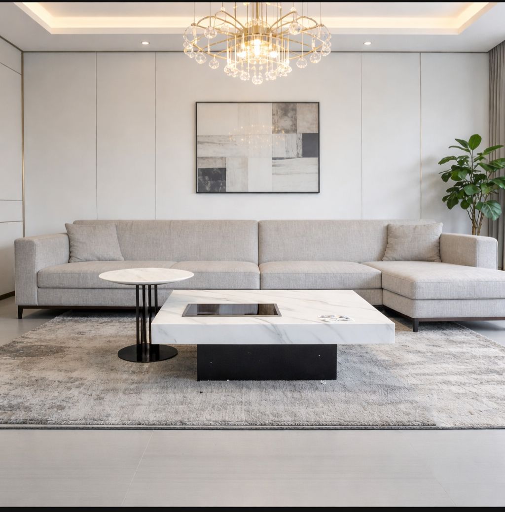 DecorMama Signature White Marble Coffee Table Set – Contemporary Designer Centrepiece With Sculpted Black Base