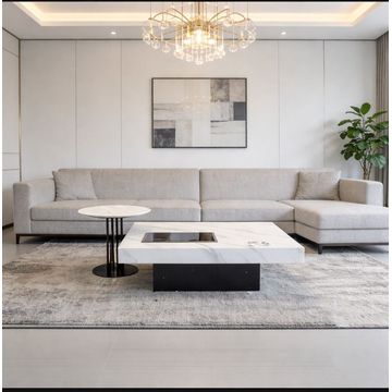 DecorMama Signature White Marble Coffee Table Set – Contemporary Designer Centrepiece With Sculpted Black Base