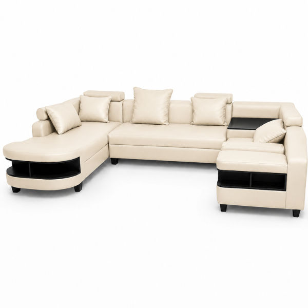 Clarence U Shape Sectional Corner Sofa-Bonded Leather Cream