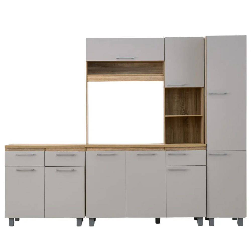 3-Piece Kitchen Cabinet Set with Drawers, Cupboards and Open Microwave Shelf