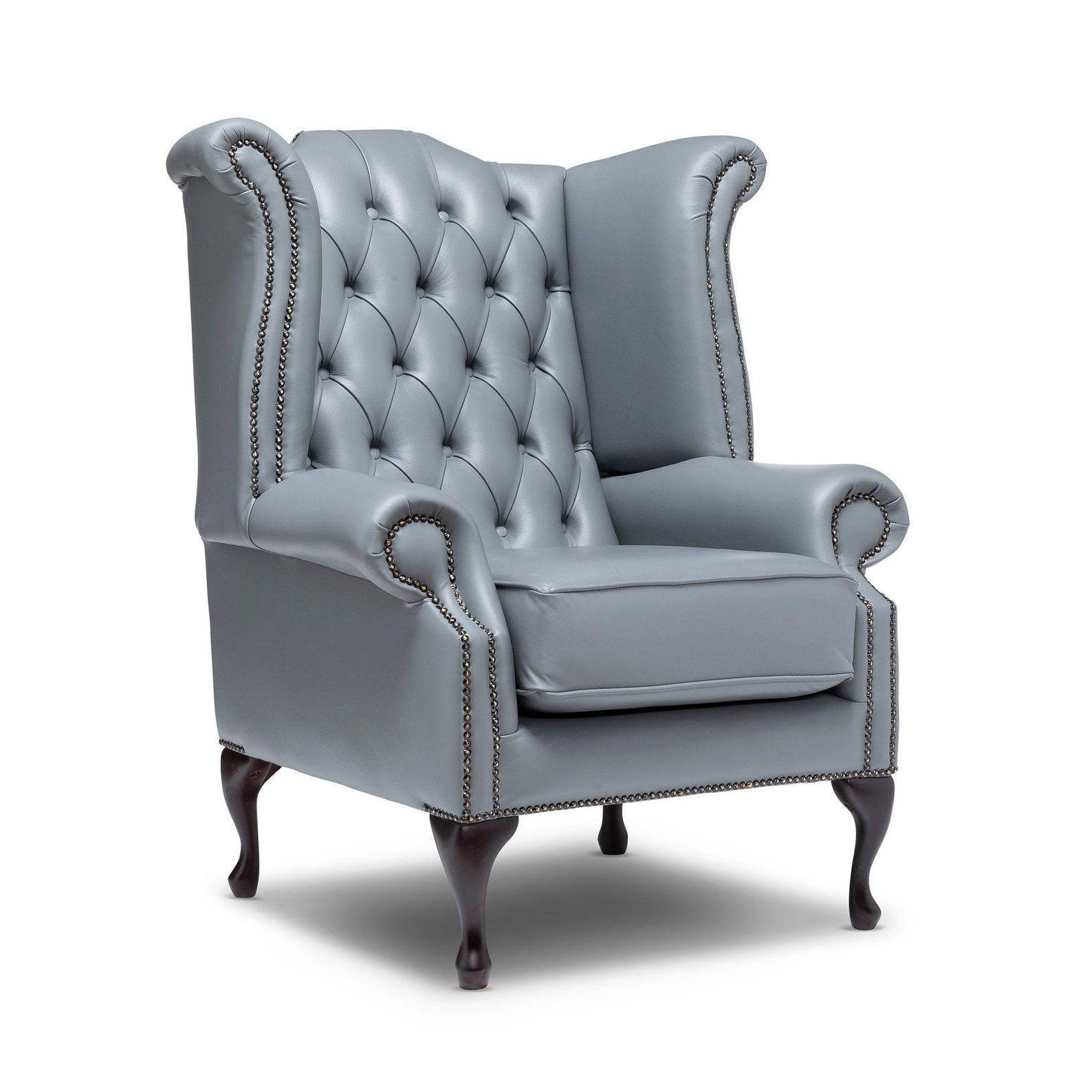 Chesterfield High Back Wing Chair in Italian Grey Leather