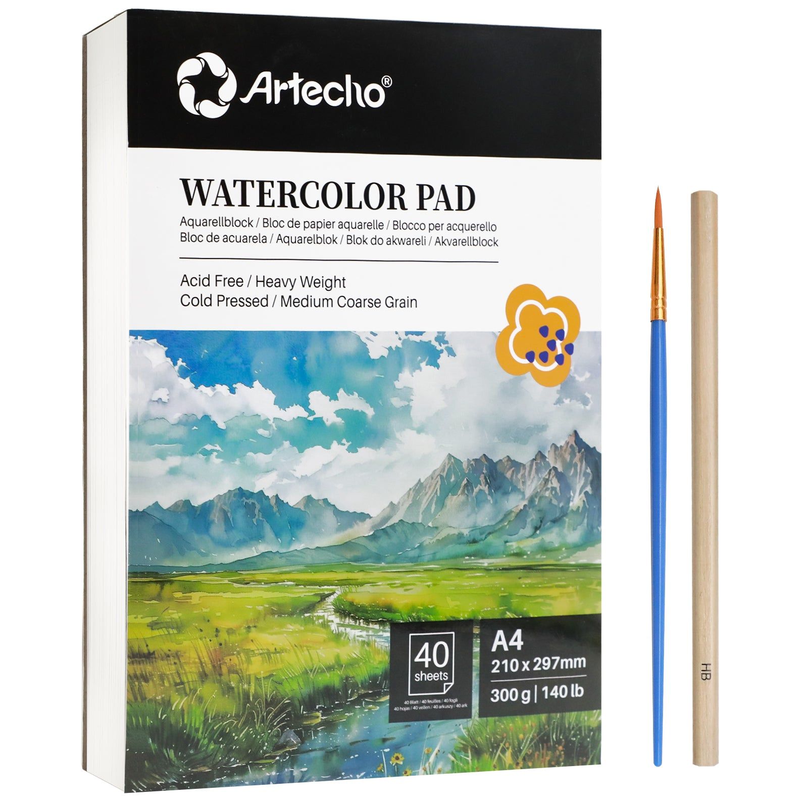 Artecho Professional A4 Watercolour Pad with Brush & HB Pencil - 40 Sheets