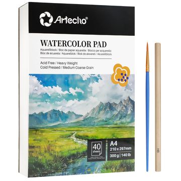 Artecho Professional A4 Watercolour Pad with Brush & HB Pencil - 40 Sheets