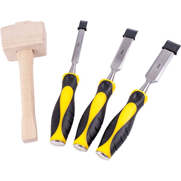 Chisel Set Wood 3 Piece Plus Wooden Mallet Blister