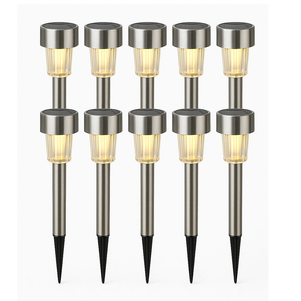 Solar Lawn Light Tubes – Warm White Stainless Steel 12pc Set