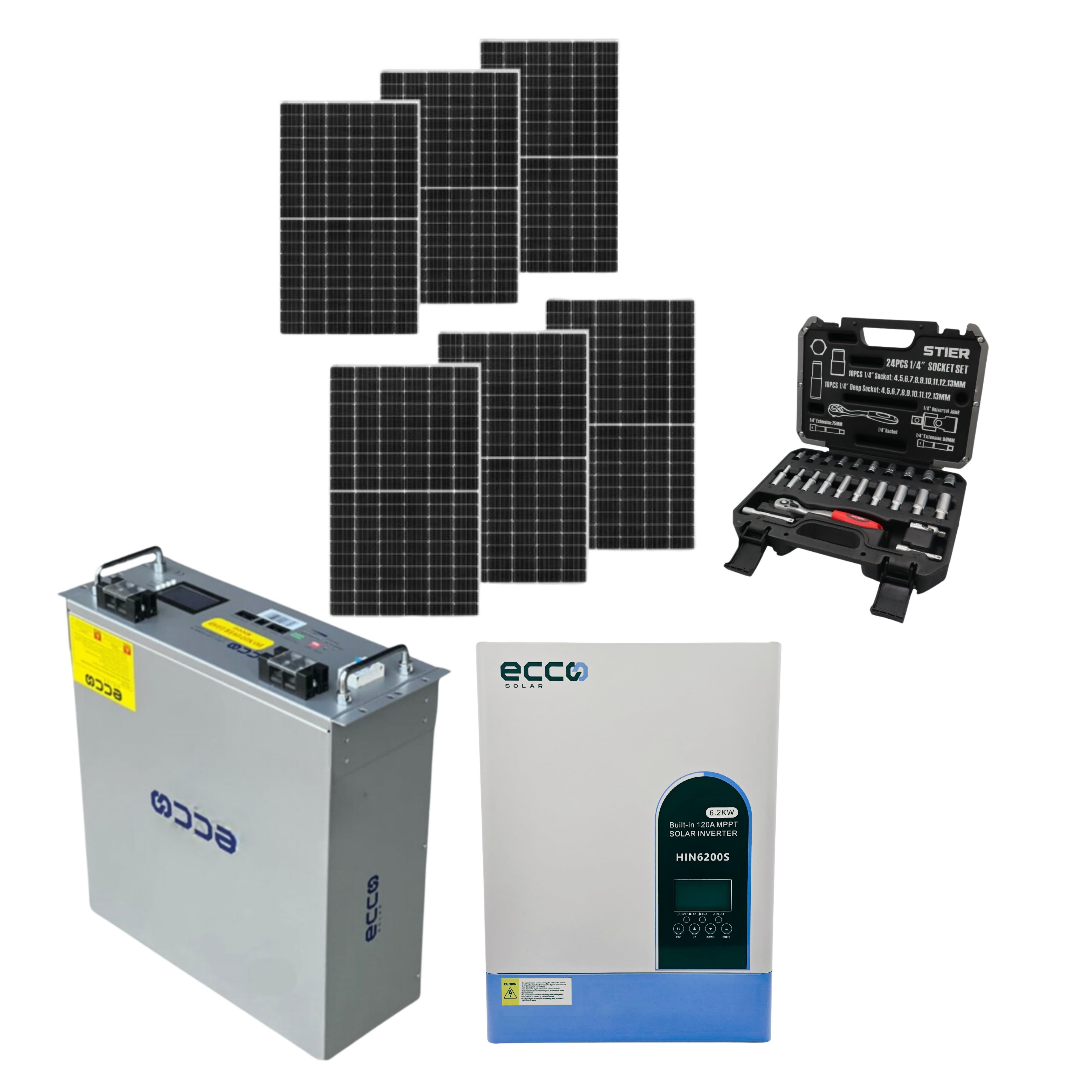 Ecco 6.2kw Invertor 51V Lithium Battery, 6 580w Solar Panel and Socket Set