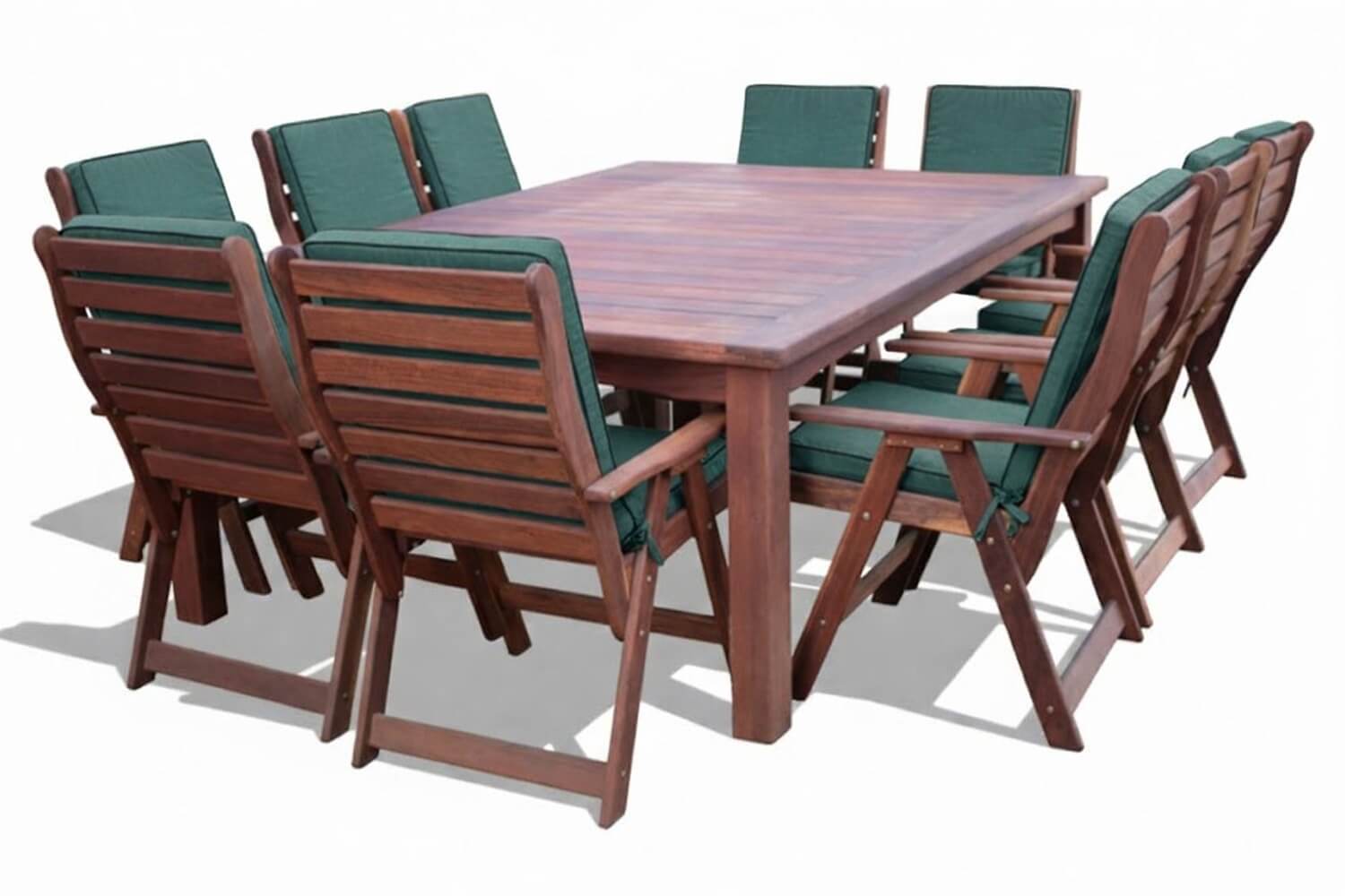 Zambezi Teak Patio Dining Set 10-Seater 240cm( x1 Table x10 Highback Chairs With Green Cushions)