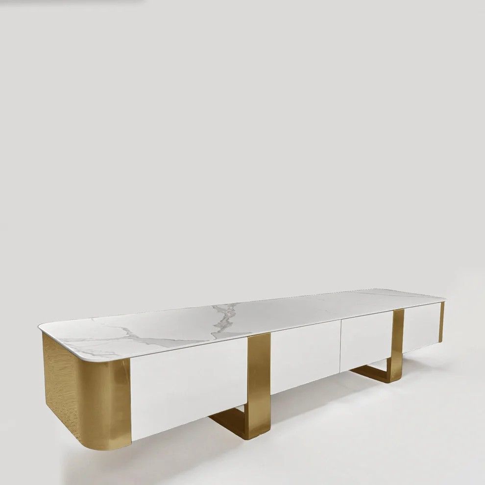 Modern Marble TV Stand with Gold Base, White and Gold, Storage Drawers, Contemporary Design
