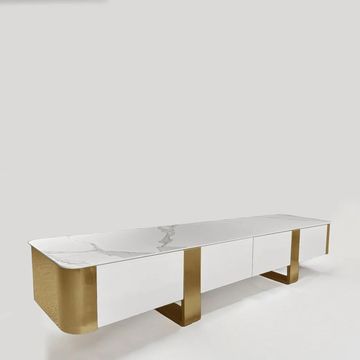 Modern Marble TV Stand with Gold Base, White and Gold, Storage Drawers, Contemporary Design
