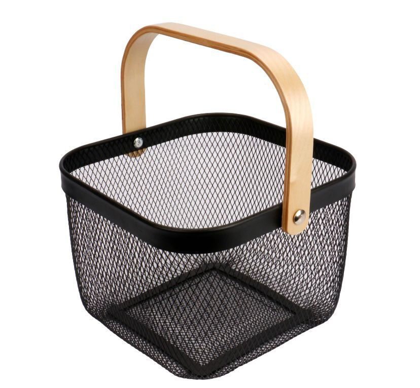 Mesh Storage Basket with Wooden Handle - Small - Black