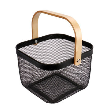 Mesh Storage Basket with Wooden Handle - Small - Black