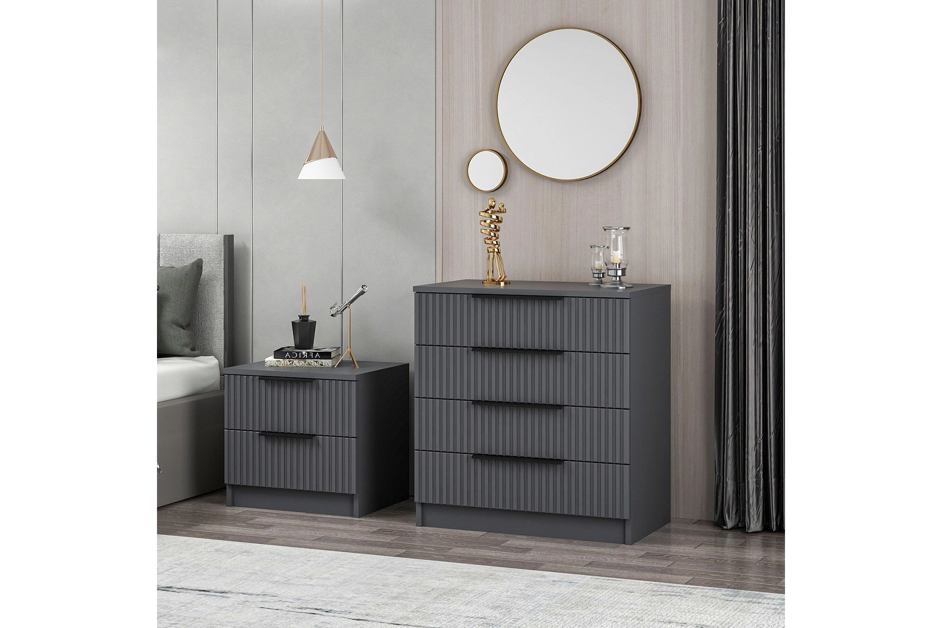 Storm grey chest of drawers, 4 drawers and pedestals set