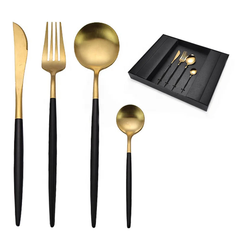 TOXIYA - 24 Piece Flatware Set, Stainless Steel Knife Fork Spoon, Home Dinnerware Tableware Set for 6, Cutlery Set, Include Knives/Forks/Spoons / Black and Gold