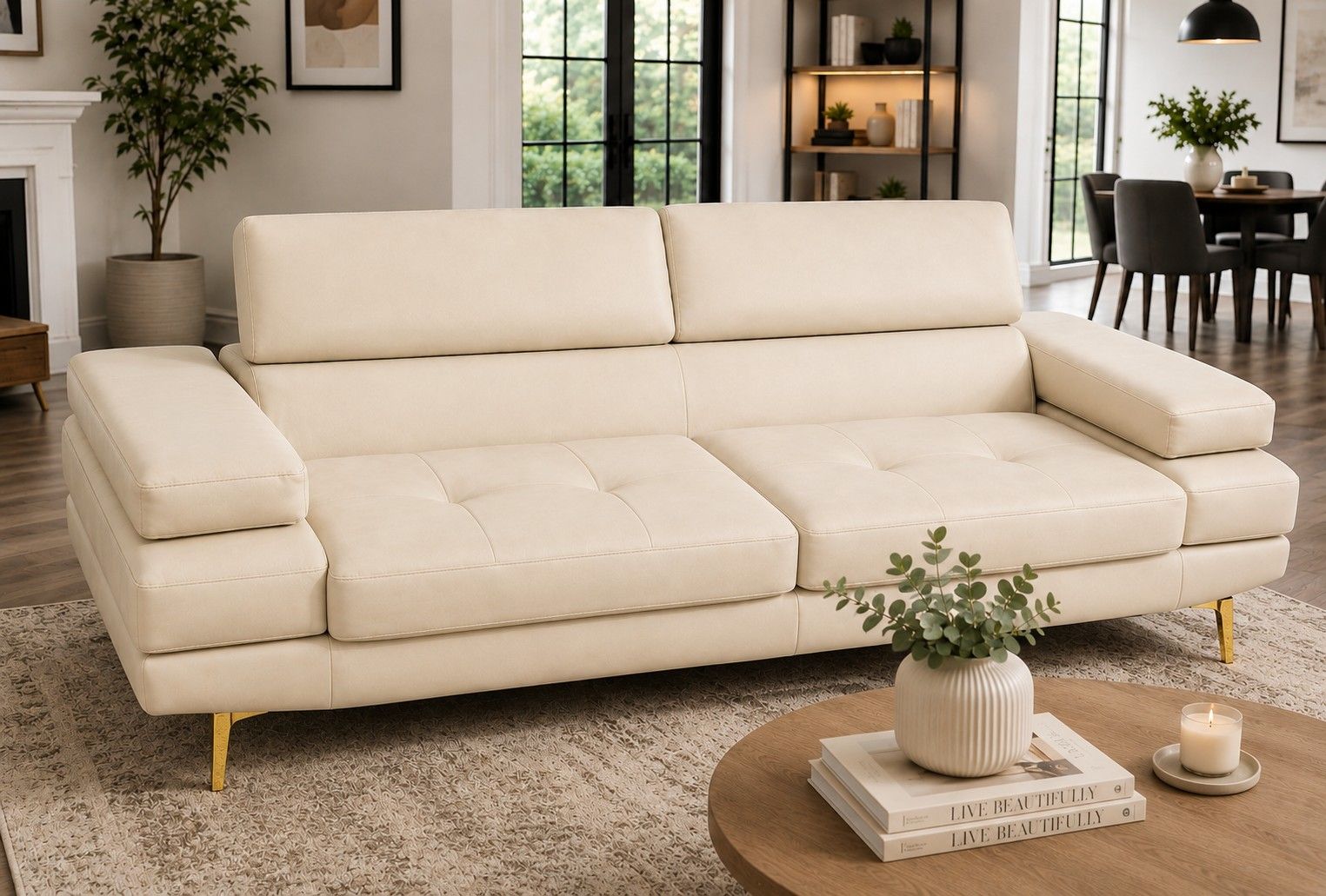 ASHER 2-Division Leather Sofa Cream with Gold legs