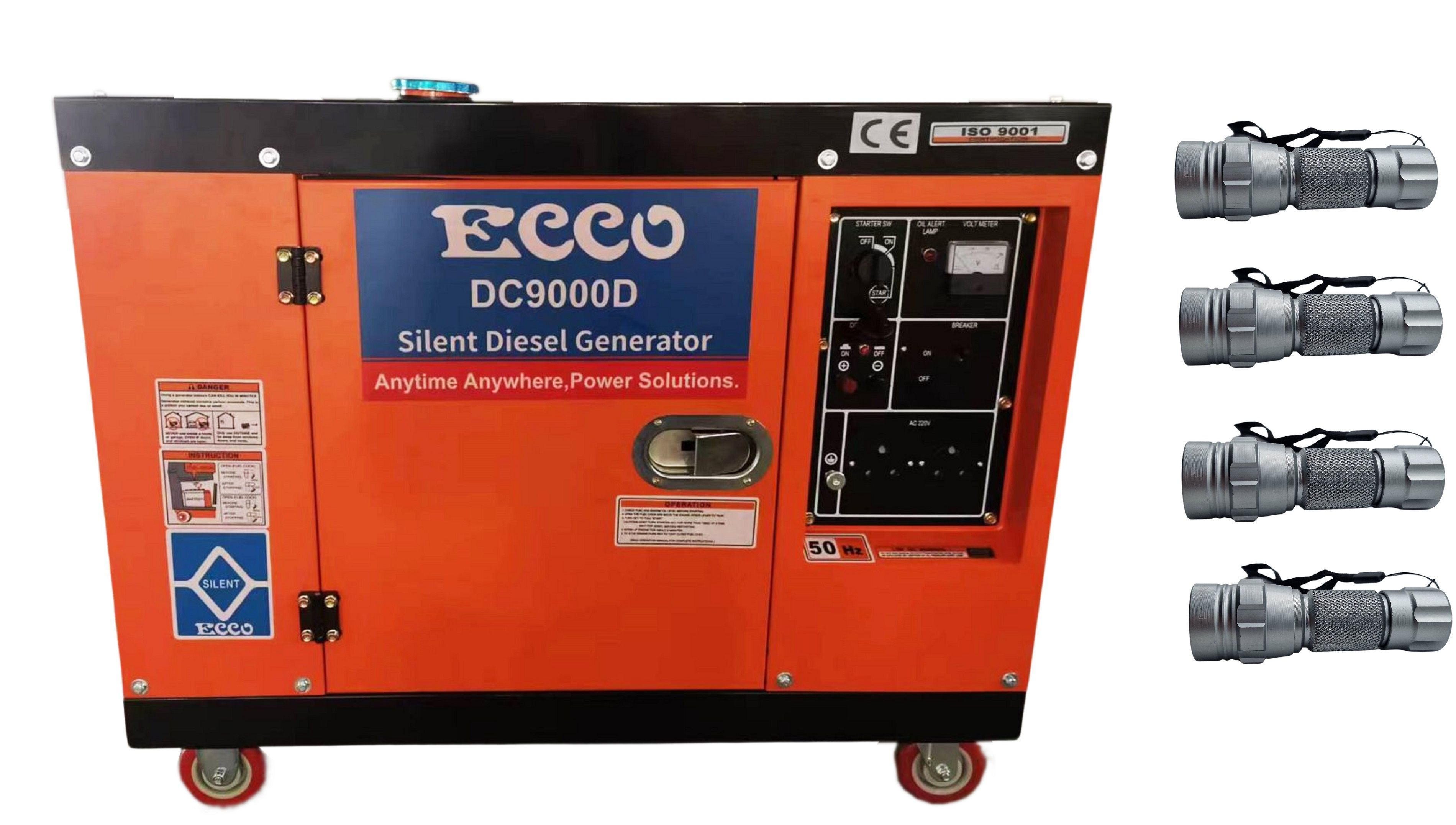 Ecco 7KW / 8.75KVA Silent Diesel Generator Single Phase & 4x Pocket Flashlights