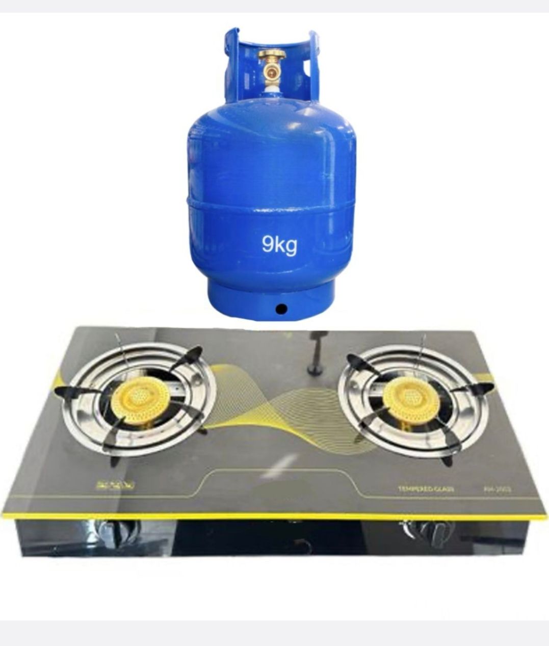 2-Plate Tempered Glass Gas Stove and 9KG Gas Cylinder