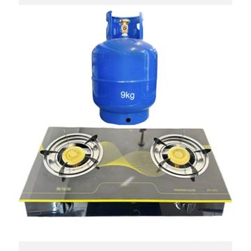 2-Plate Tempered Glass Gas Stove and 9KG Gas Cylinder