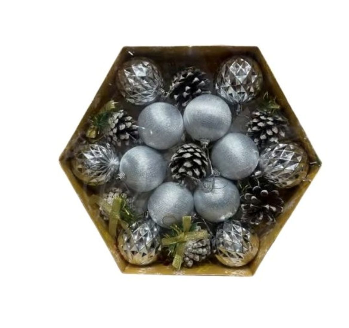 Christmas Ornament Set, Pine Cones and Baubles, Hexagon Gift Box-Silver
