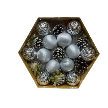 Christmas Ornament Set, Pine Cones and Baubles, Hexagon Gift Box-Silver